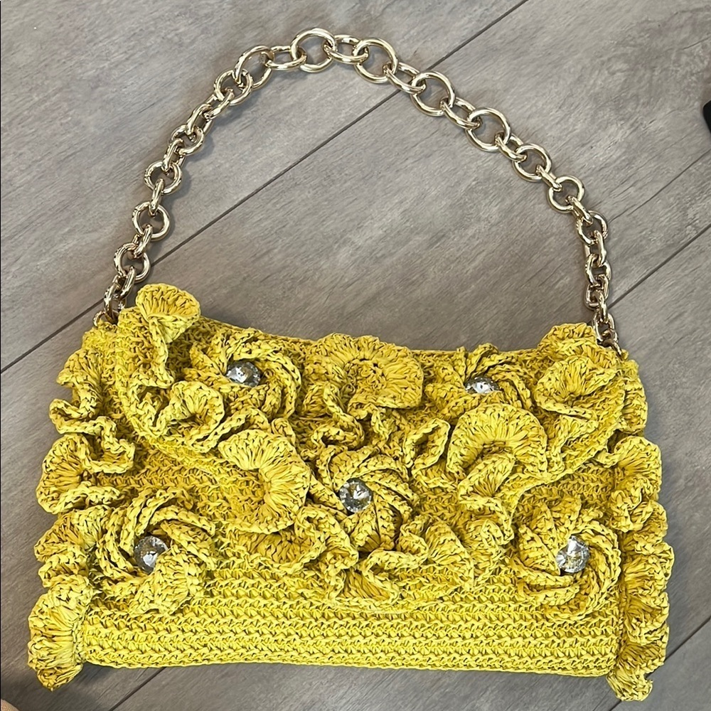 Zara NWOT Chartreuse Ruffled Raffia Shoulder Bag Gold Chain Strap - Picture 7 of 14